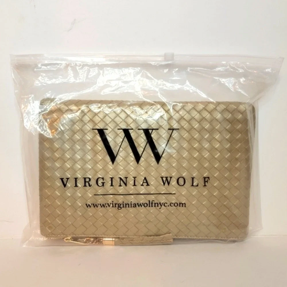 VIRGINIA WOLF‎ Faux Leather Clutch Mini Woven Pouch Gold Tassel Zip Top Make Up